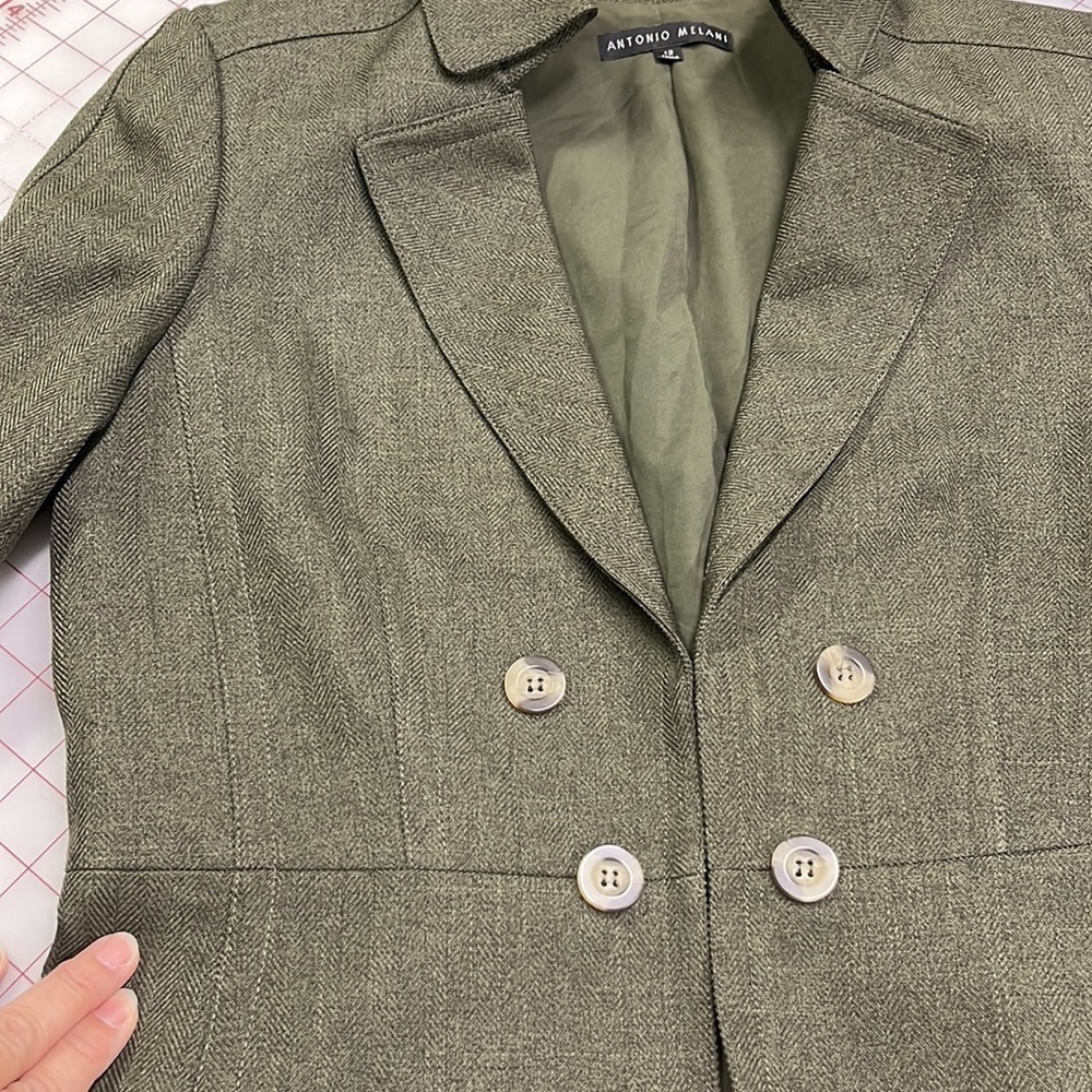 ANTONIO MELANI Career Olive Fitted Subtle Herringbone Blazer Collar Detail SZ 12 - Picture 11 of 16